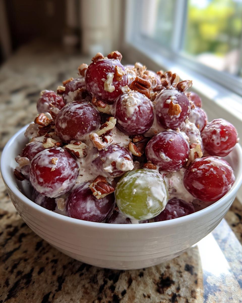 A white bowl filled with creamy Chicken Salad Chick Grape Salad, featuring red and green grapes coated in dressing and topped with pecans.