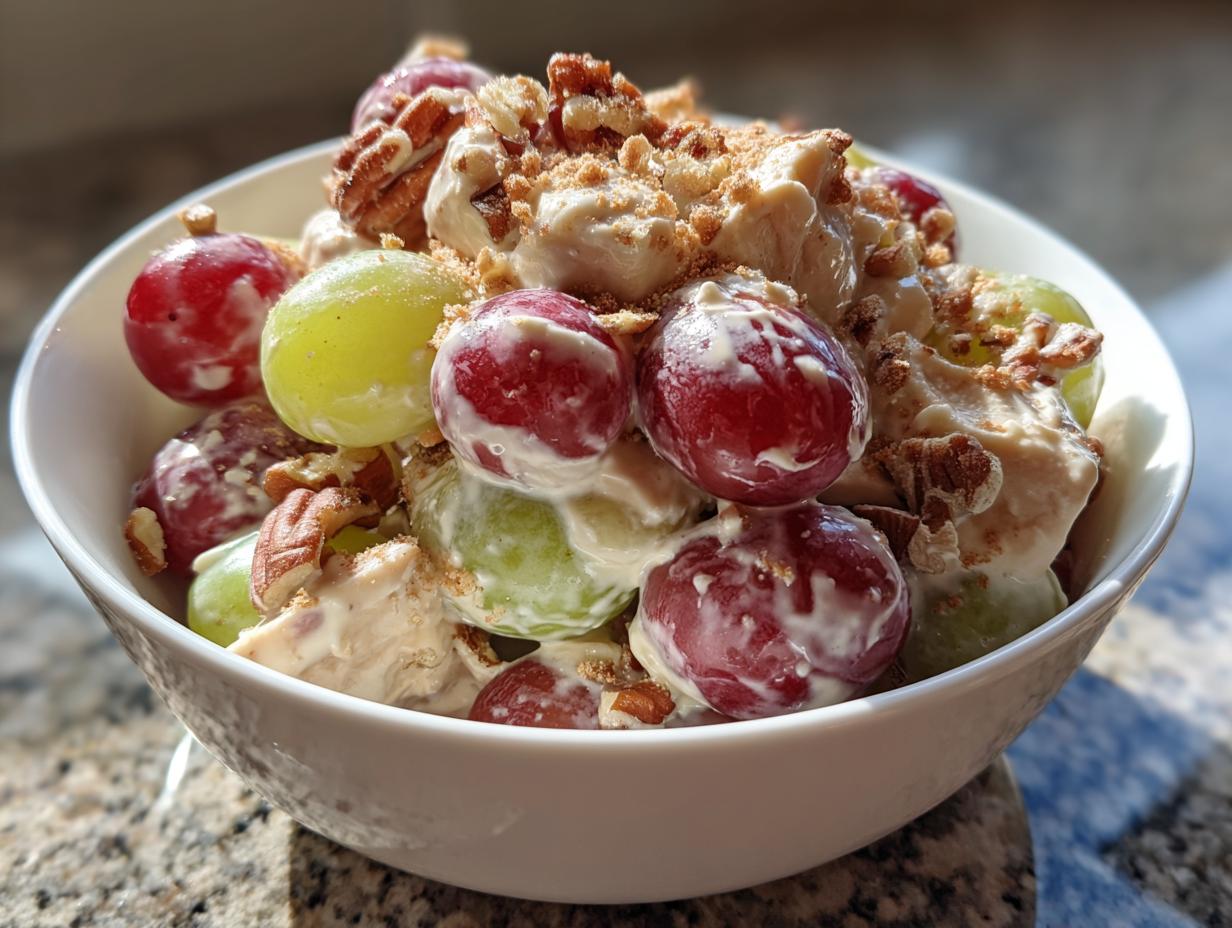 A white bowl filled with creamy chicken salad chick grape salad, featuring red and green grapes and chopped pecans.