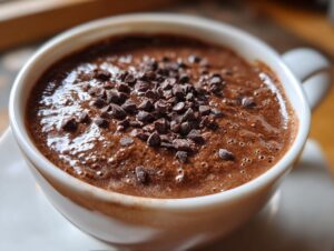Close-up of rich chocolate overnight oats in a white mug, topped with mini chocolate chips.
