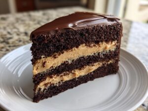 A decadent slice of chocolate peanut butter cake featuring three layers of dark chocolate cake and two layers of peanut butter filling.