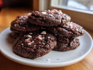A stack of rich, dark chocolate peppermint cookies topped with crushed candy cane pieces on a white plate.