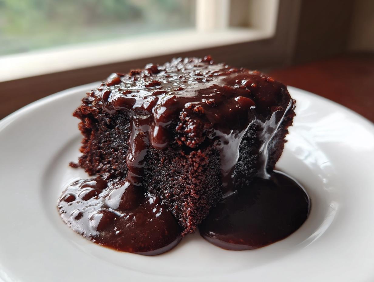 A decadent slice of chocolate pudding cake generously topped with rich, glossy chocolate sauce.