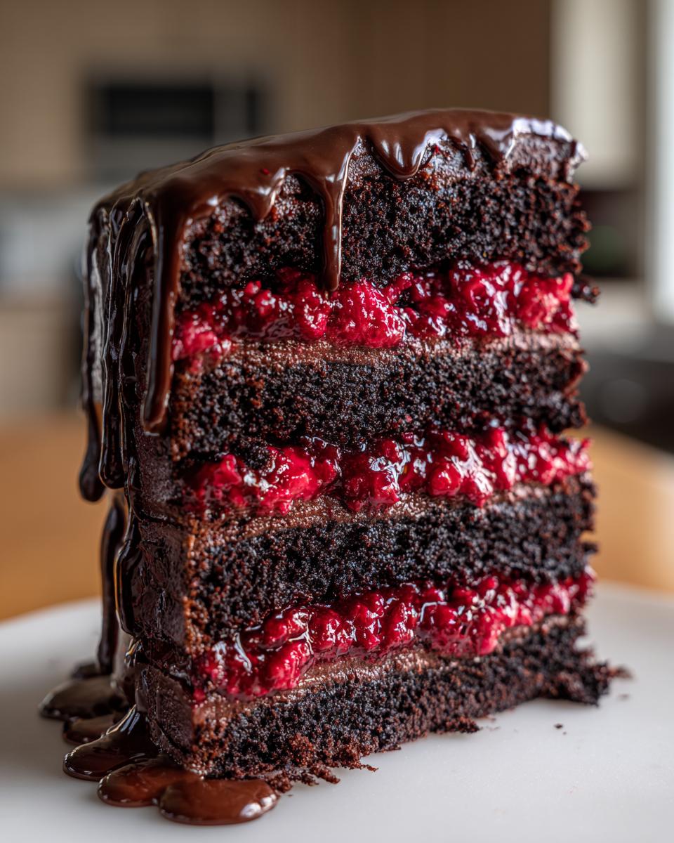 Close-up of a tall slice of chocolate raspberry cake with three layers of dark cake and bright raspberry filling, topped with dripping chocolate ganache.