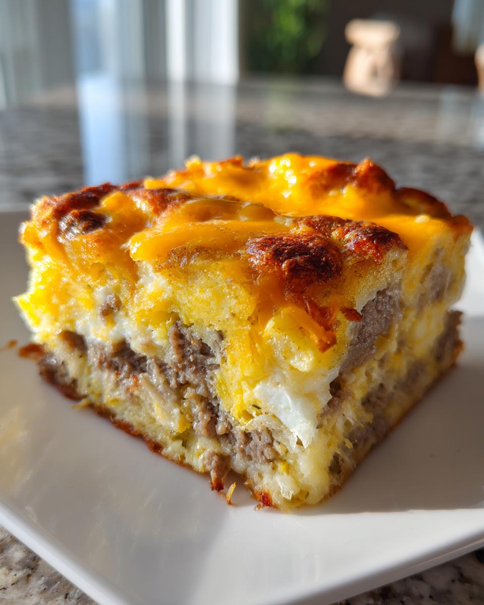 A golden, cheesy slice of christmas breakfast casserole featuring layers of egg, sausage, and melted cheddar cheese.