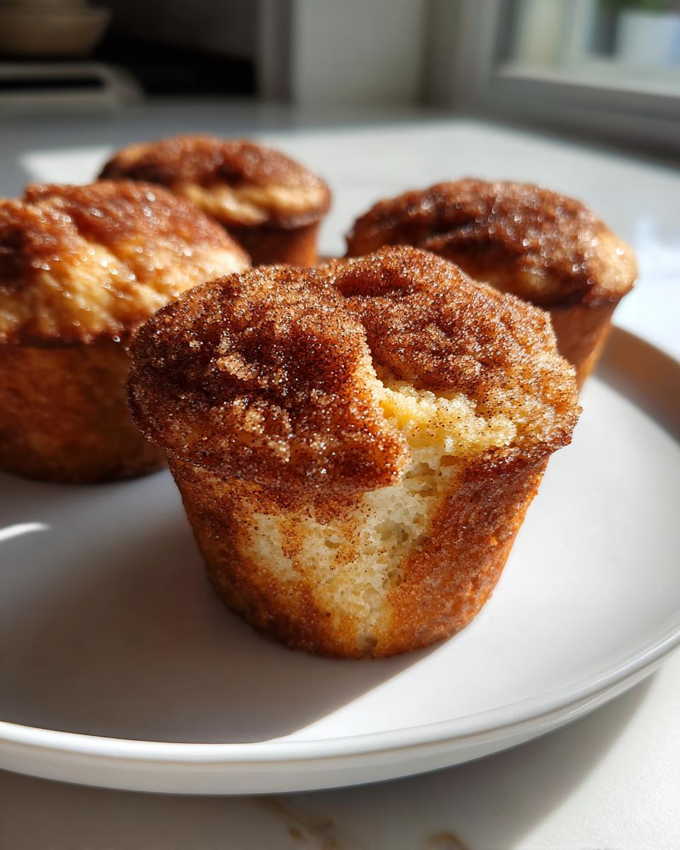 Four golden brown french toast muffins topped with a thick cinnamon sugar crust, served on a white plate.