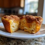 A french toast muffin cut in half showing a moist interior and a thick cinnamon sugar topping.