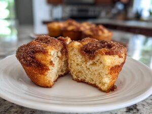 A french toast muffin cut in half, showing the fluffy interior and cinnamon sugar topping, resting on a white plate.