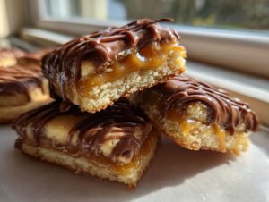 Three stacked pieces of rich twix cookies bars showing a shortbread base, thick caramel layer, and drizzled chocolate topping.
