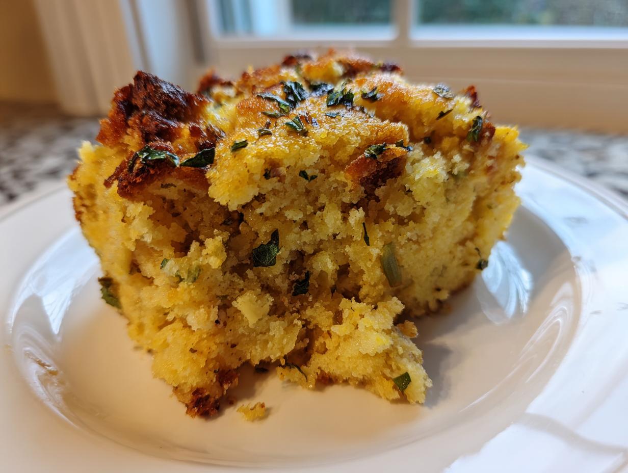 Close-up of a golden, moist slice of cornbread stuffing topped with herbs, served on a white plate.