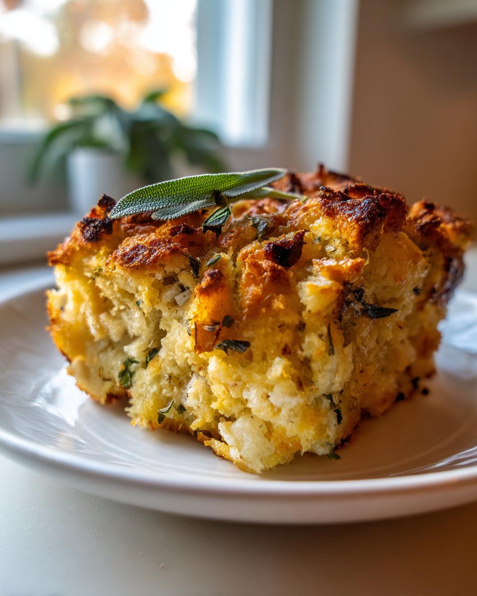 A golden-brown square of moist cornbread stuffing topped with a fresh sage leaf.