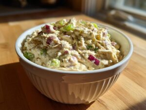 A white bowl filled with creamy cottage cheese chicken salad mixed with visible chunks of red onion and celery.