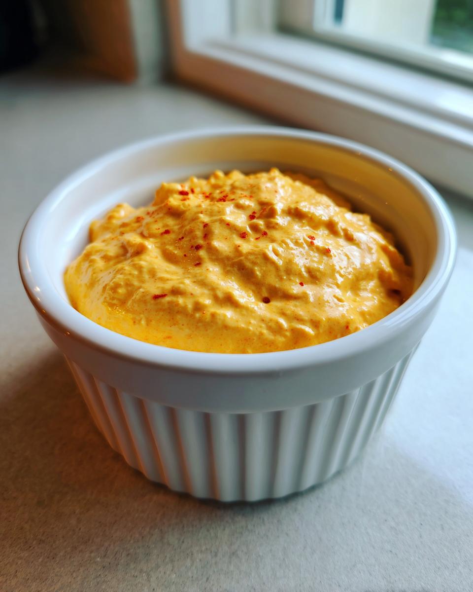 Close-up of vibrant orange cottage cheese queso dip sprinkled with red spice in a white fluted ramekin.