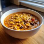A close-up of a white bowl filled with rich cowboy soup, featuring ground beef, corn, beans, and melted cheddar cheese.