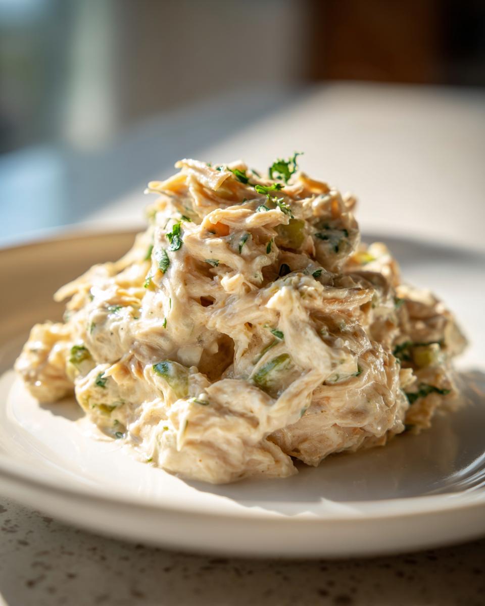 Close-up of shredded chicken mixed with a creamy sauce and green herbs, resembling a component of cream cheese chicken chili.