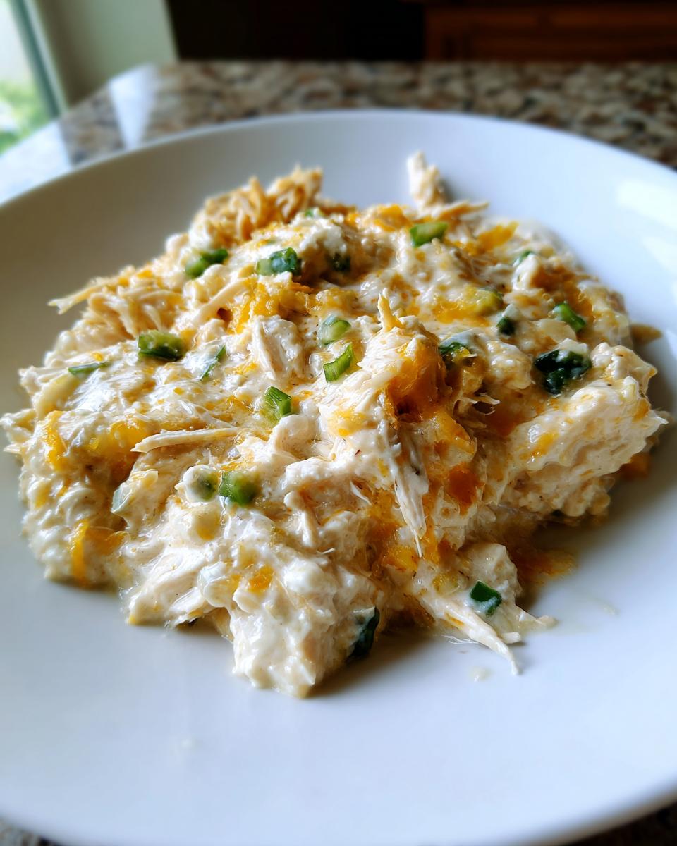 A close-up of a serving of creamy, shredded cream cheese chicken chili topped with melted cheddar and green onions.