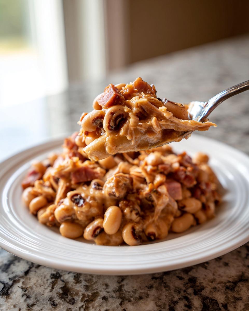 A spoonful of creamy black eyed peas recipe mixed with ham and pulled meat being lifted from a white plate.
