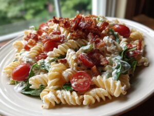 A close-up of a creamy blt pasta salad featuring rotini pasta, cherry tomatoes, spinach, and crispy bacon crumbles.