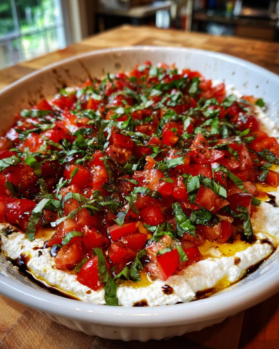 Close-up of a white bowl filled with creamy bruschetta dip, topped generously with diced tomatoes, fresh basil, and balsamic glaze.