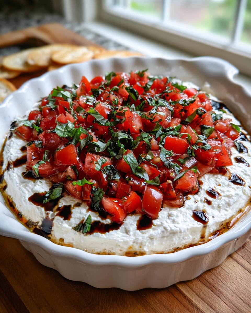 A white ruffled dish filled with creamy bruschetta dip, topped with diced tomatoes, fresh basil, and balsamic glaze.