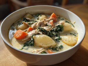 Close-up of a hearty bowl of creamy chicken gnocchi soup with carrots and spinach.