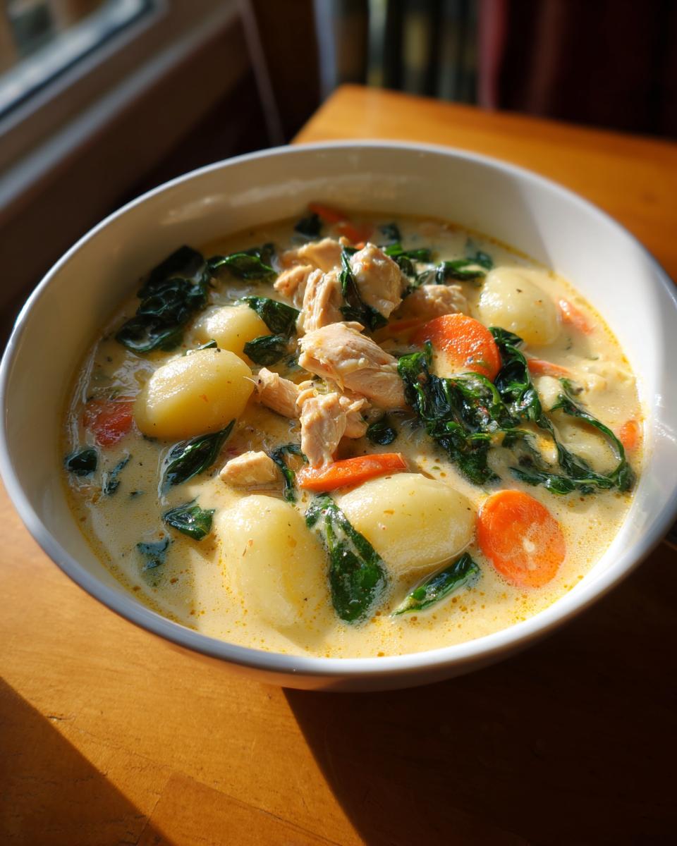 A close-up of a bowl of creamy gnocchi soup featuring tender chicken, soft gnocchi, spinach, and sliced carrots.