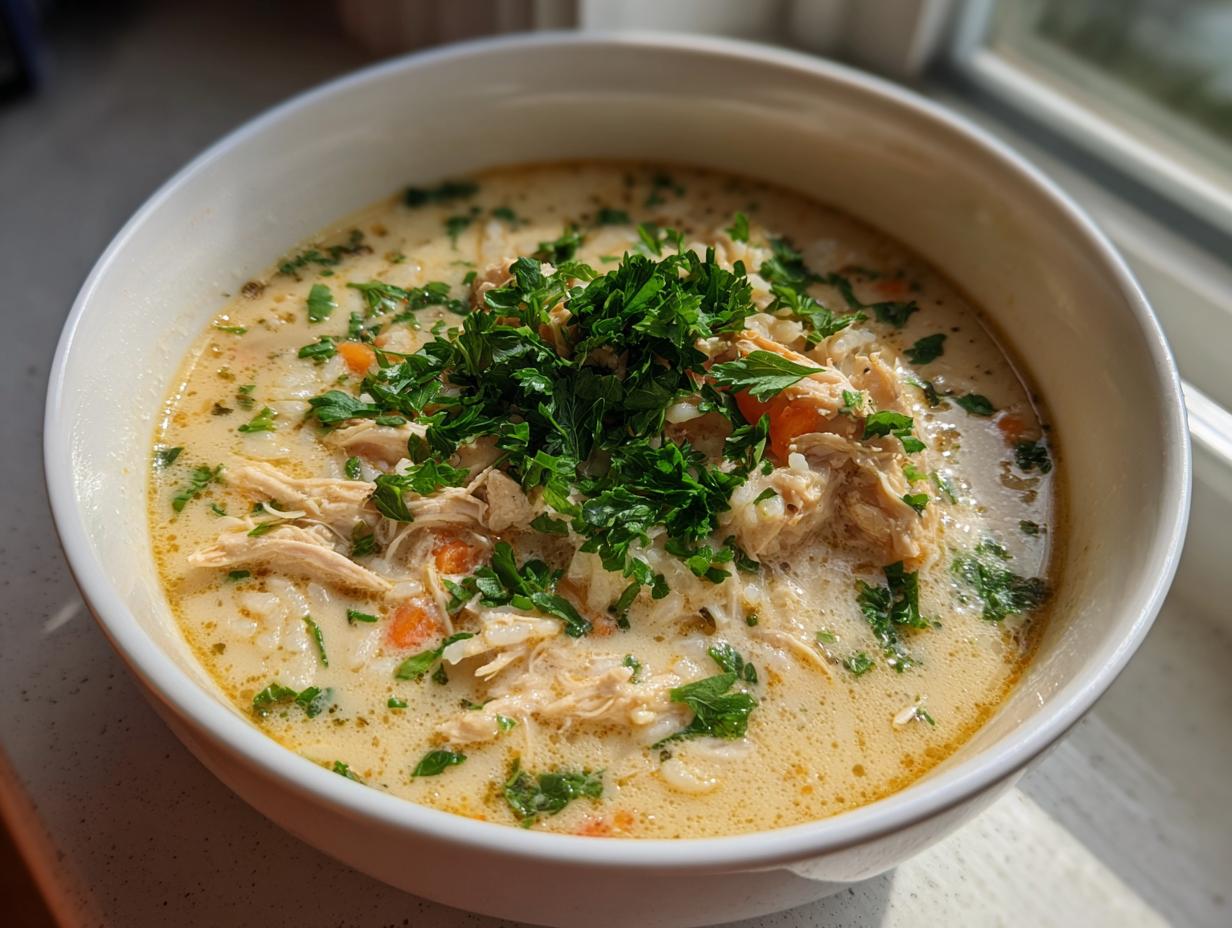 A close-up view of a white bowl filled with creamy chicken and rice soup, topped generously with fresh parsley.