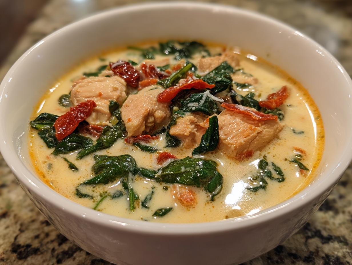 Close-up of a bowl of amazing 40-minute creamy chicken soup with chunks of chicken, spinach, and sun-dried tomatoes.