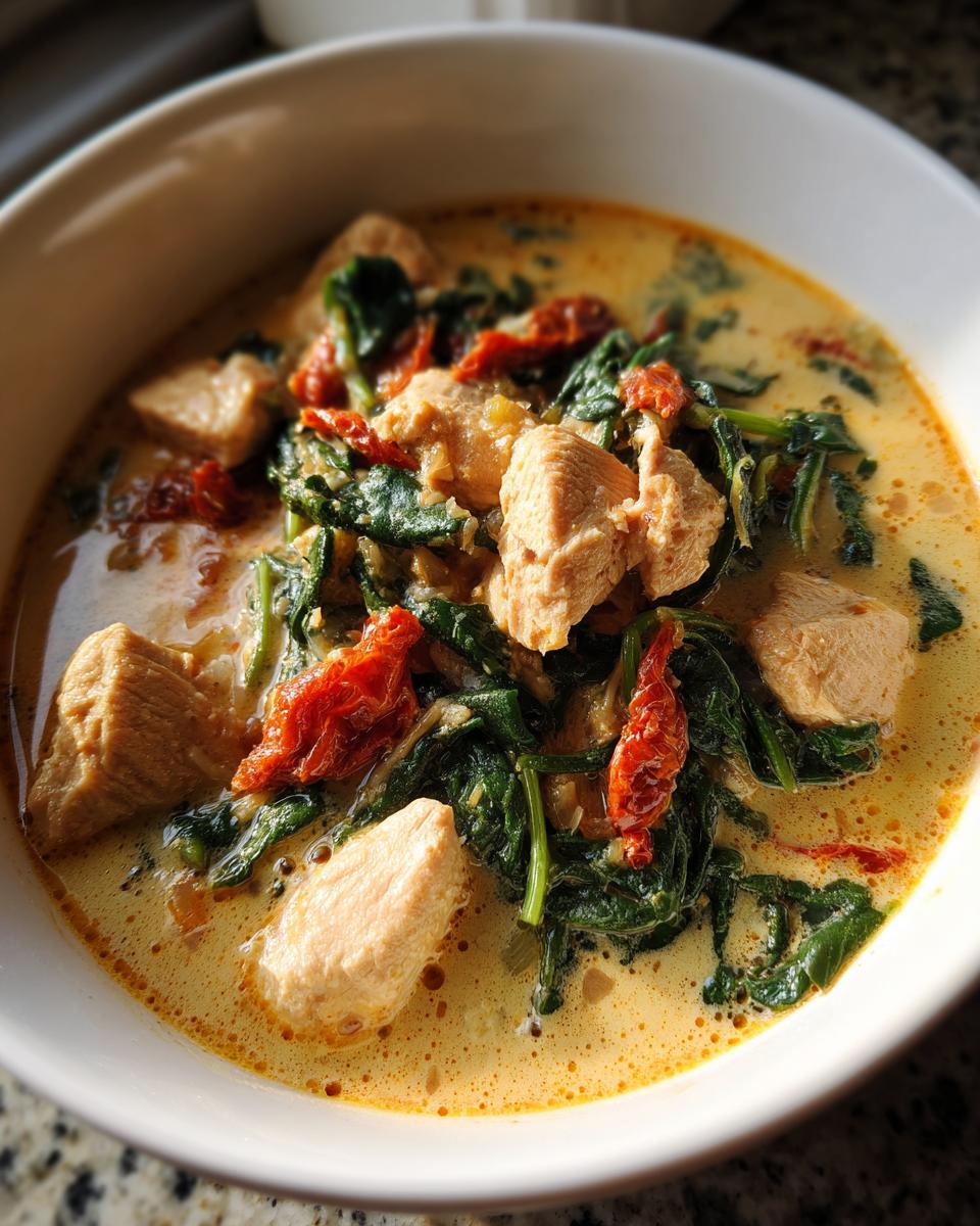 Close-up of creamy chicken soup featuring chunks of chicken, wilted spinach, and sun-dried tomatoes.