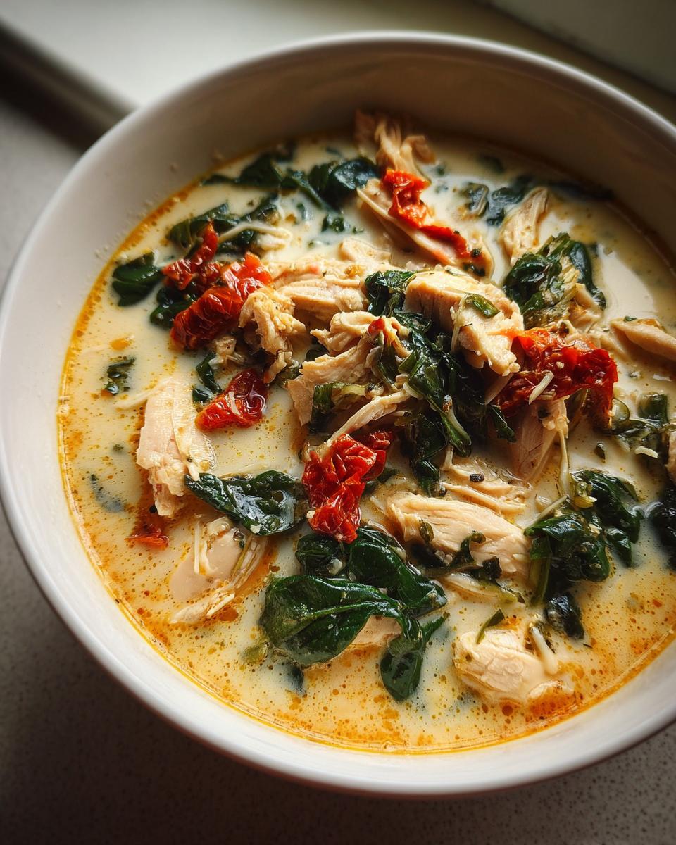 Close-up of a bowl of creamy chicken soup loaded with shredded chicken, dark green spinach, and bright red sun-dried tomatoes.