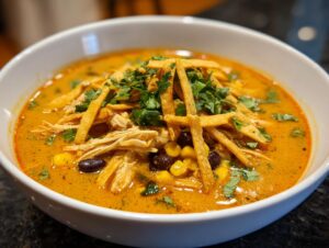 A close-up of a white bowl filled with creamy chicken tortilla soup, topped with shredded chicken, corn, black beans, tortilla strips, and cilantro.