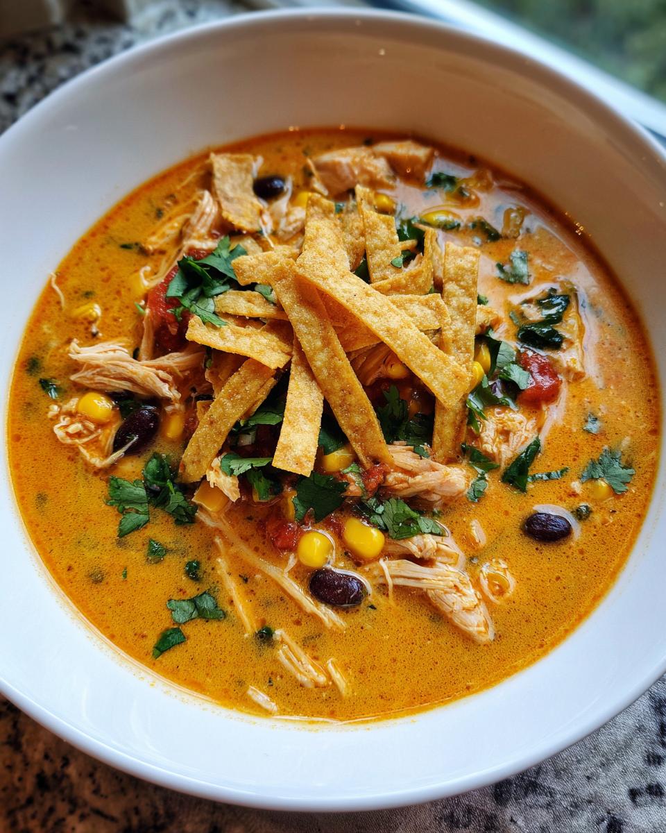 A close-up of a white bowl filled with creamy chicken tortilla soup, topped with tortilla strips, corn, beans, and cilantro.
