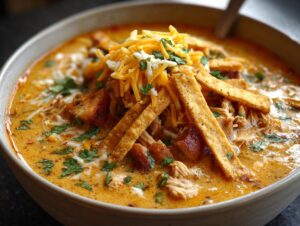 Close-up of a bowl of creamy chicken tortilla soup topped with shredded cheese, tortilla strips, and cilantro.