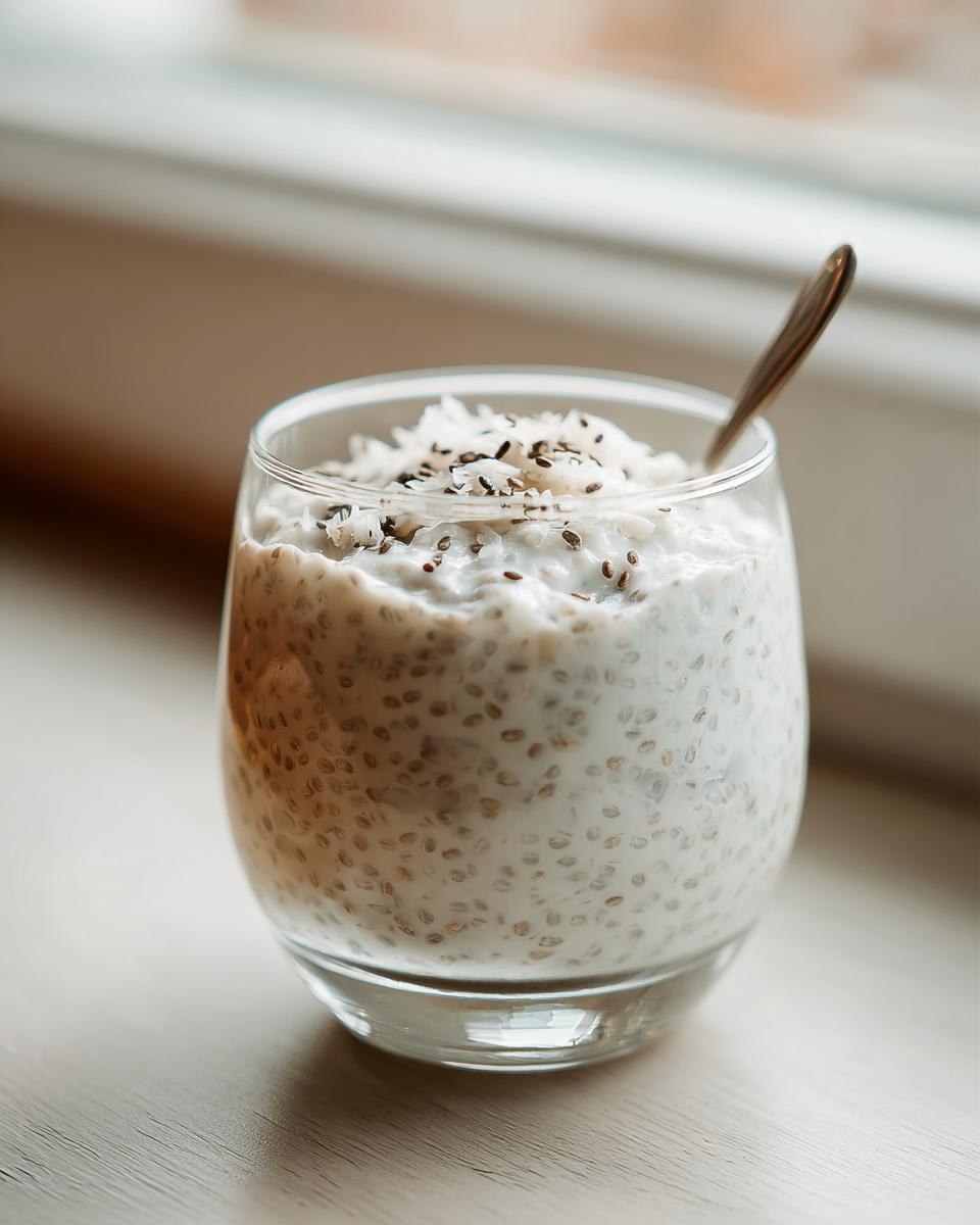 A glass of creamy coconut chia pudding topped with shredded coconut and chia seeds, ready to eat.