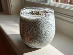 A glass filled with creamy coconut chia pudding, topped with extra chia seeds, sitting on a sunlit windowsill.