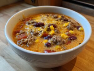 Close-up of a creamy, cheesy bowl of cowboy soup featuring ground beef, kidney beans, and corn.