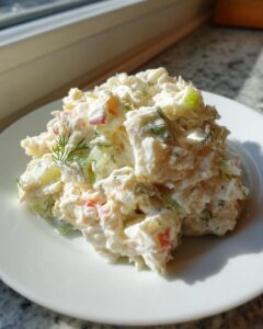 A mound of creamy crab salad featuring chunks of seafood, celery, and dill, served on a white plate.