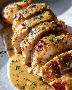 Close-up of sliced, pan-seared chicken breast covered in a creamy Dijon sauce and fresh parsley.