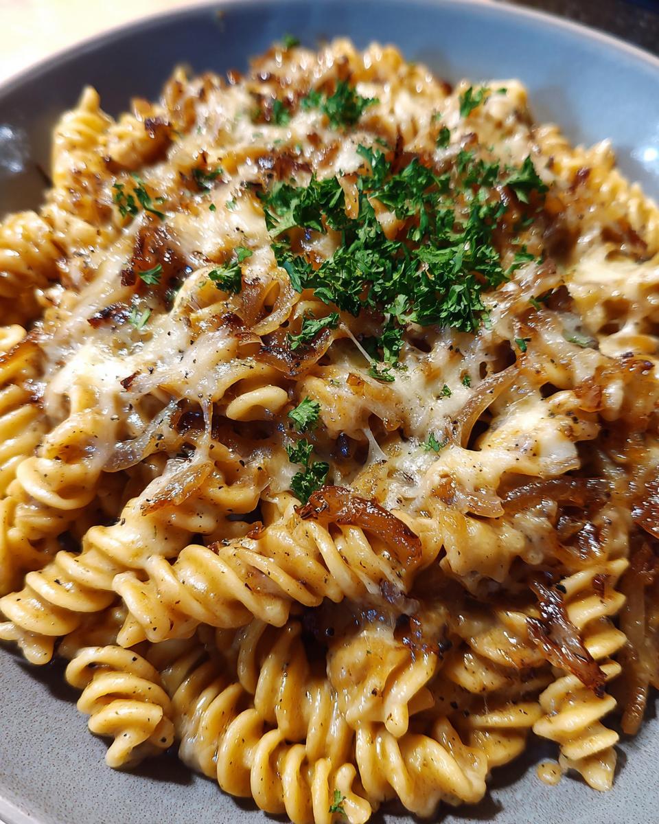 Close-up of creamy french onion pasta made with fusilli, topped with melted cheese, caramelized onions, and fresh parsley.
