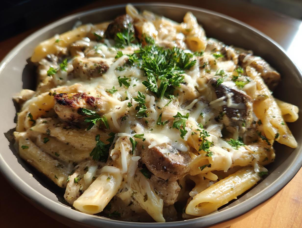 Close-up of creamy one-pot pasta featuring penne, chicken, mushrooms, melted cheese, and fresh parsley, highlighting the garlic parmesan sauce.