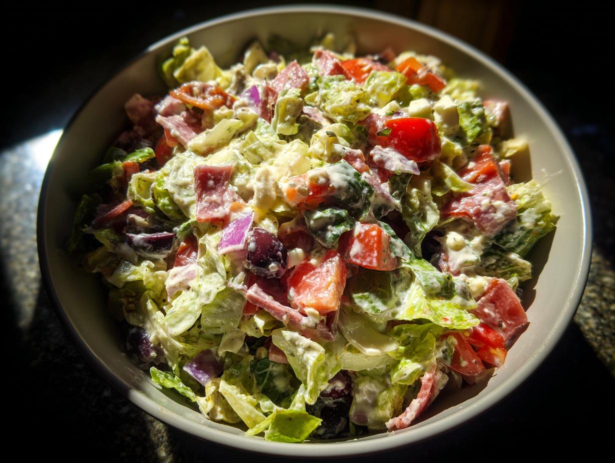 A close-up overhead view of a hearty grinder salad tossed in a creamy dressing, featuring lettuce, tomatoes, and red onion.
