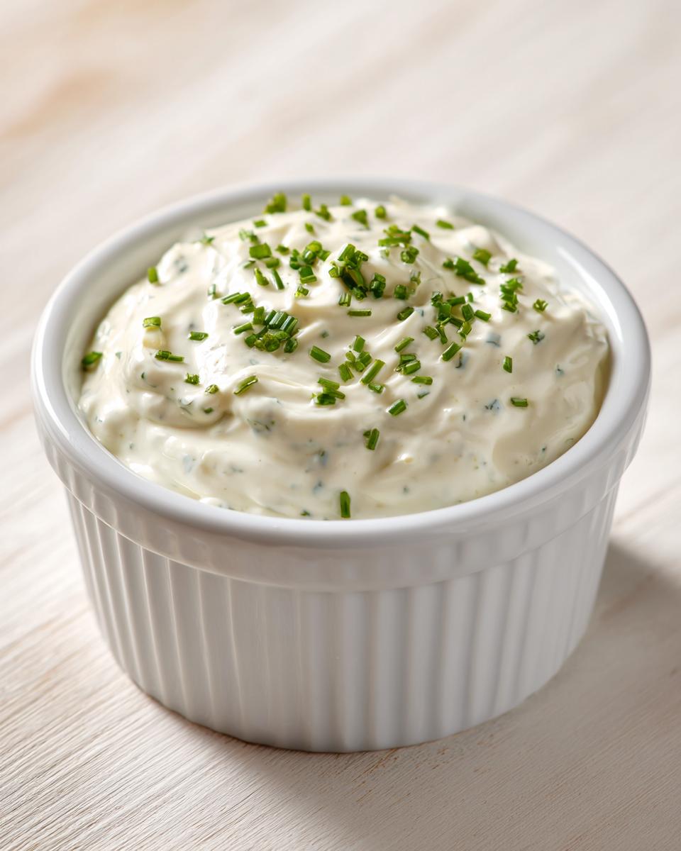 A white ramekin filled with creamy horseradish sauce, topped generously with fresh chopped chives.