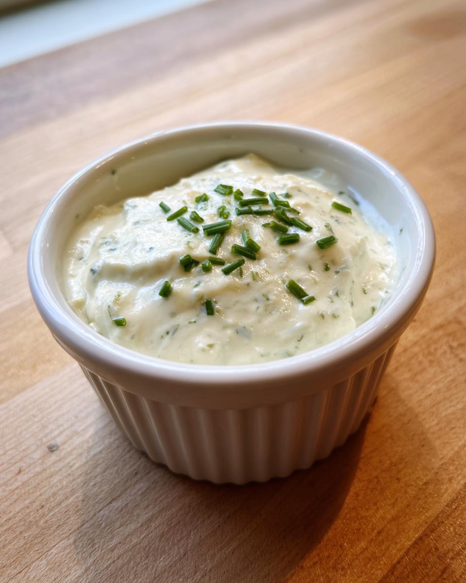 A small white ramekin filled with creamy horseradish sauce, garnished with fresh chopped chives.