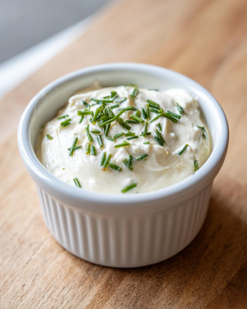 A white ramekin filled with creamy horseradish sauce, garnished with fresh green chives, sitting on a wooden surface.