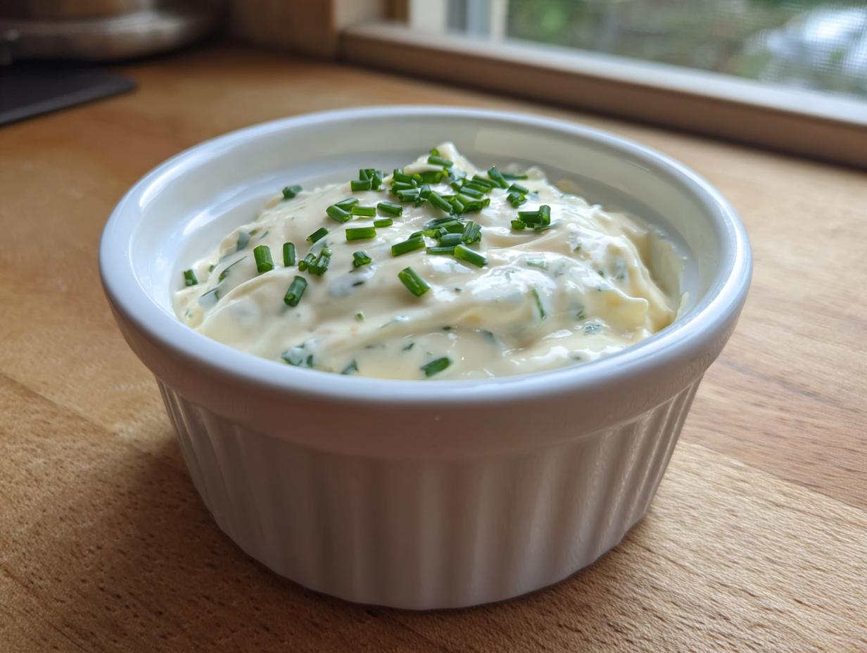 A white ramekin filled with creamy horseradish sauce, garnished generously with fresh chopped chives.