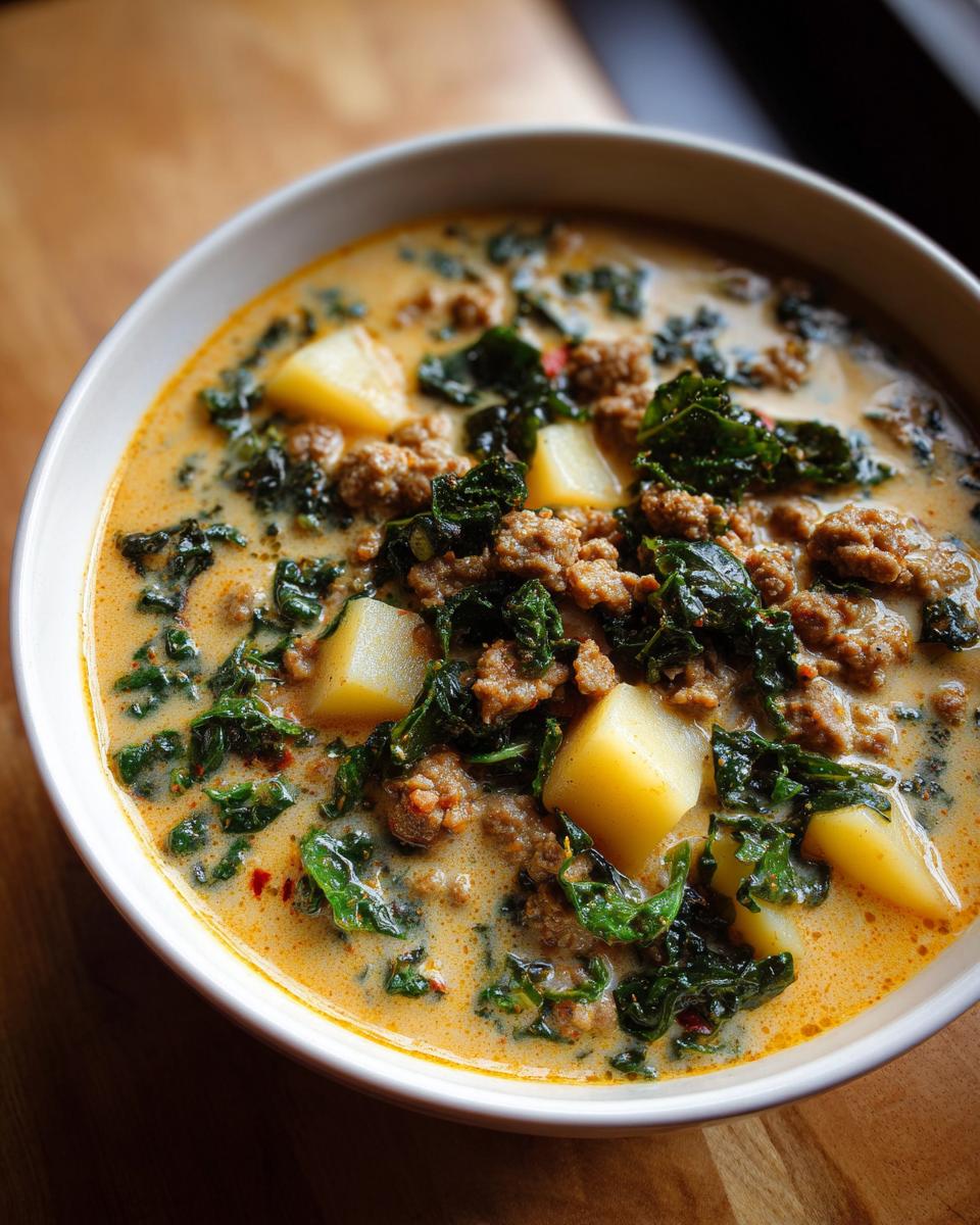 Close-up of a creamy bowl of Italian sausage soup featuring chunks of potato and wilted kale.