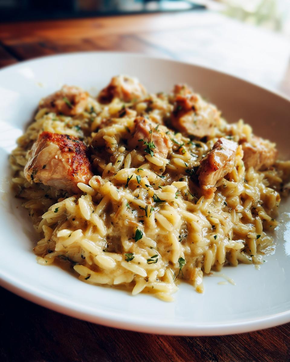 Close-up of creamy lemon chicken orzo topped with browned chicken pieces and fresh herbs.