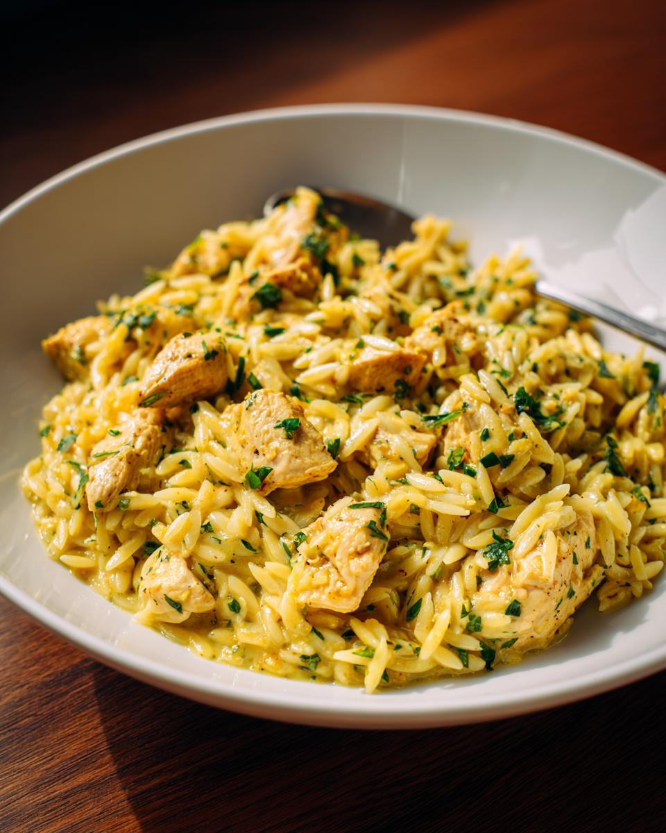 A close-up shot of creamy, bright yellow lemon chicken orzo pasta mixed with chunks of chicken and fresh parsley.