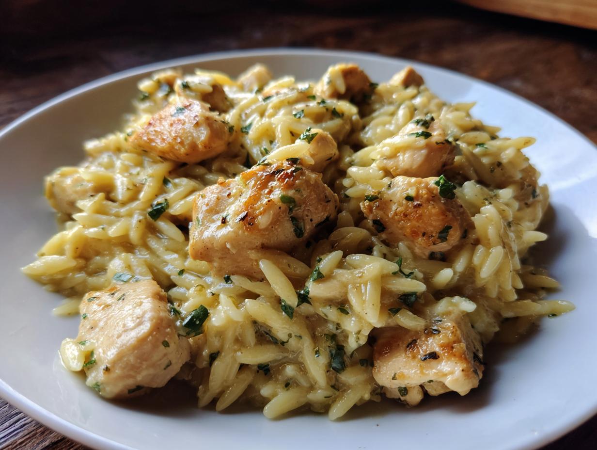 Close-up of creamy lemon chicken orzo with golden chicken pieces and fresh parsley garnish.