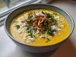 A vibrant bowl of creamy yellow Mexican street corn soup topped with cotija cheese, cilantro, and crispy tortilla strips.