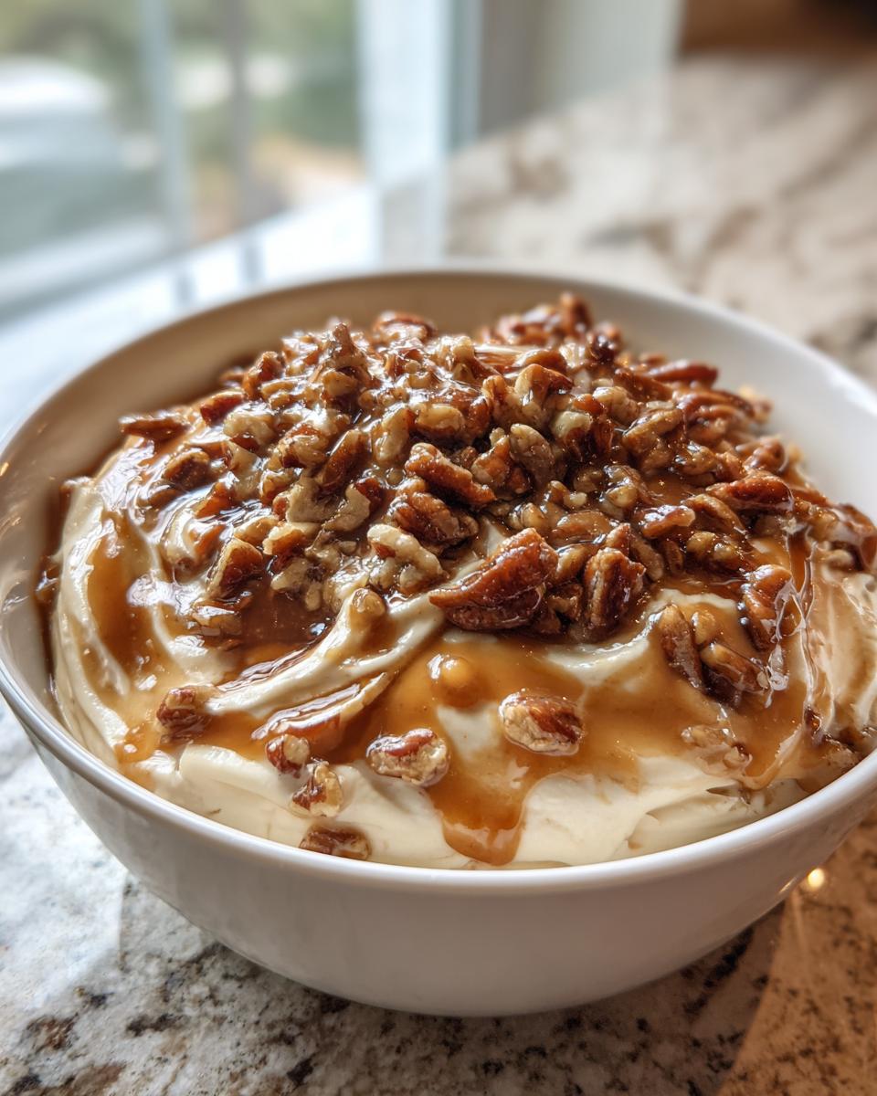 Close-up of a bowl of creamy pecan pie dip, generously topped with gooey caramel sauce and chopped pecans.